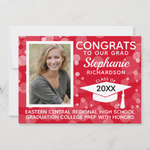 Invitation Moderne Red Bokeh Bubbles Photo Graduation