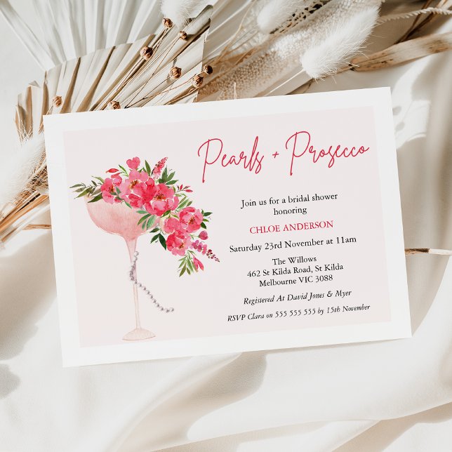 Invitation Moderne Red Floral Pearl Prosecco Fête des mariées (Modern Red Floral Pearl and Prosecco Bridal Shower Invitation, Pearls Prosecco Invitation Template)