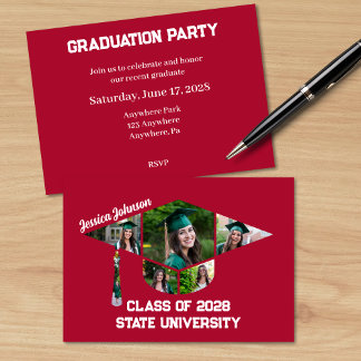 Invitation Moderne Red Graduation Forme Photo Collage Party