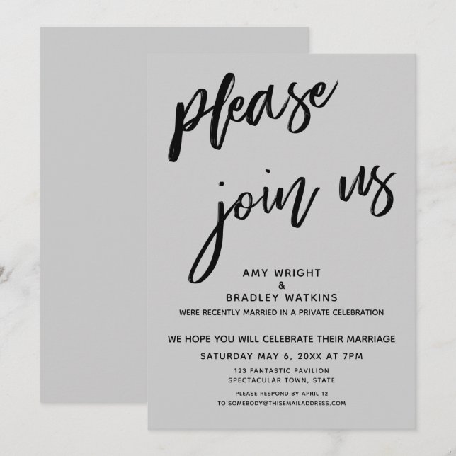 Invitation Moderne Rejoignez-Nous Après Mariage Réception Gri (Devant / Derrière)