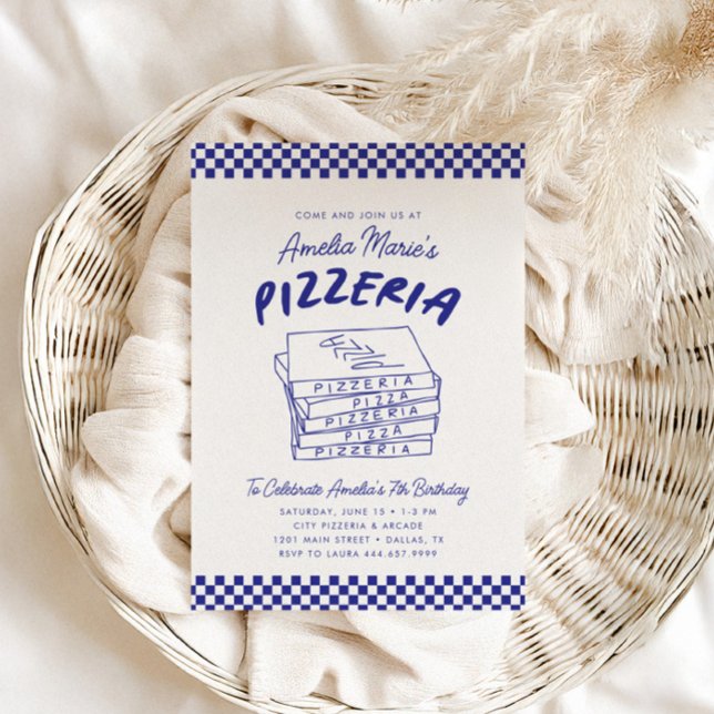 Invitation Moderne Retro Bleu Italien Pizzeria Pizza Party (Créateur téléchargé)