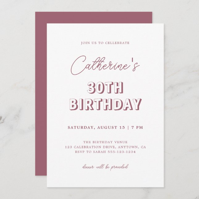 Invitation Moderne Retro Dusty Rose 30e fête d'anniversaire s (Devant / Derrière)