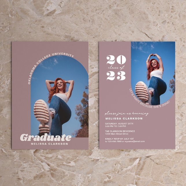 Invitation Moderne Retro Dusty rose Gras Photo Arch Graduatio (Créateur téléchargé)