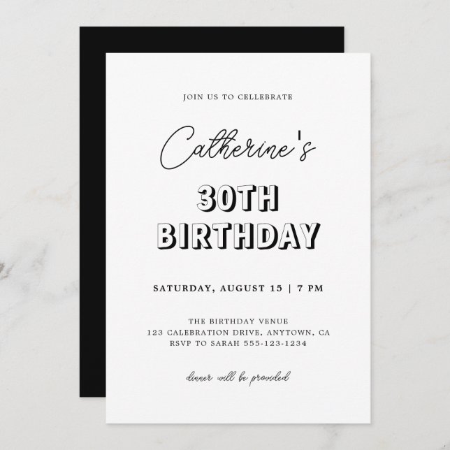 Invitation Moderne Retro Noir & Blanc 30e fête d'anniversaire (Devant / Derrière)