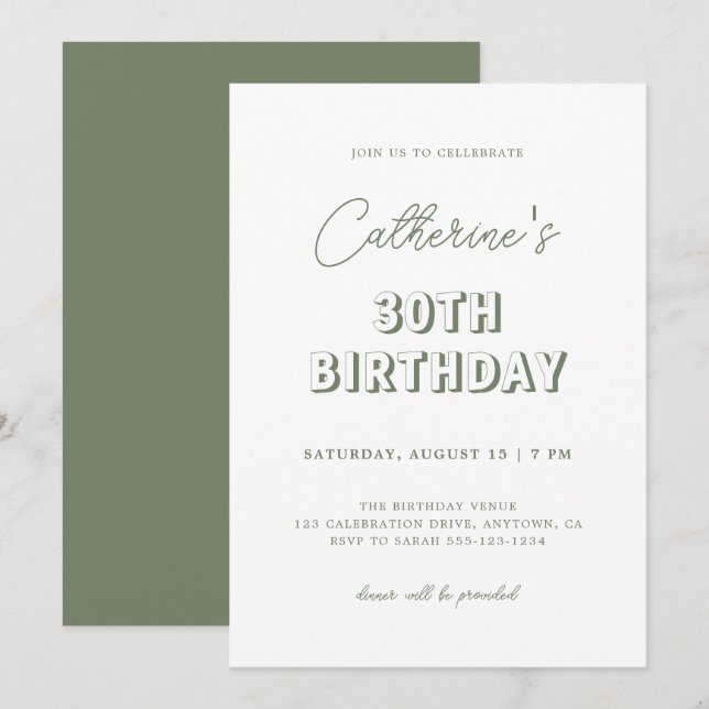 Invitation Moderne Retro Sage Green 30e fête d'anniversaire (Devant / Derrière)