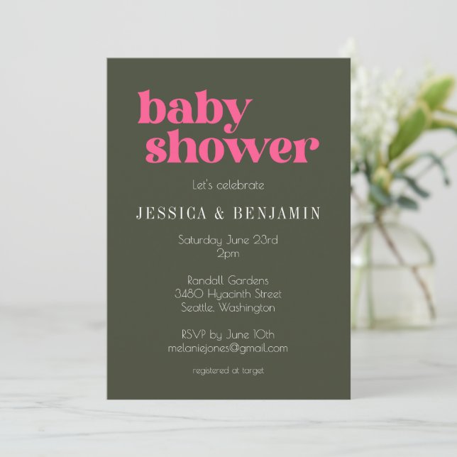 Invitation Moderne Retro Super rose et vert Baby shower (Debout devant)