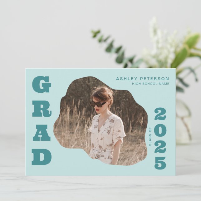 Invitation Moderne Retro Turquoise Bold Typographie Photo Gra (Debout devant)