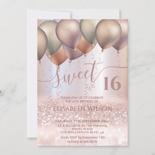 Invitation Moderne Romantique Rose or glittery ombre ballon (Devant)