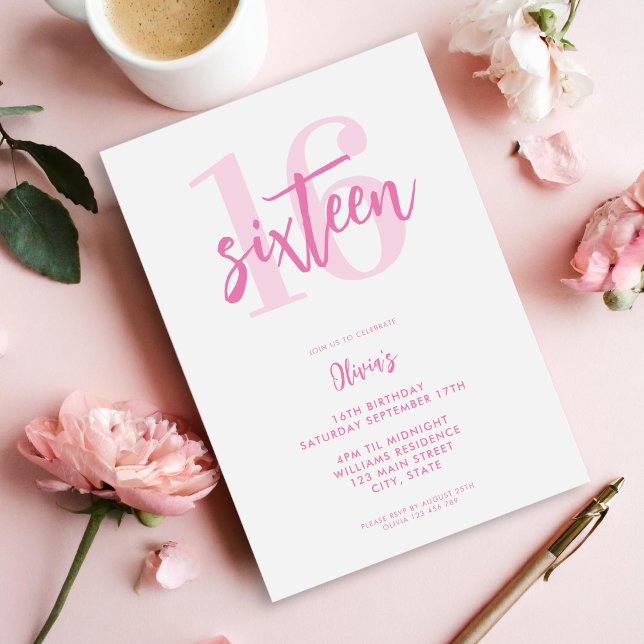 Invitation Moderne rose élégant 16e anniversaire (Créateur téléchargé)
