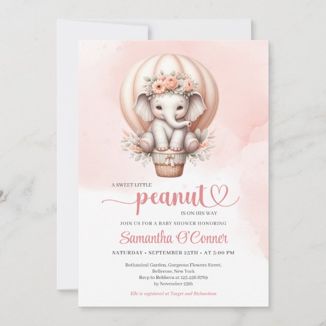 Invitation Moderne rose et gris éléphant bébé bleu floral (Devant)