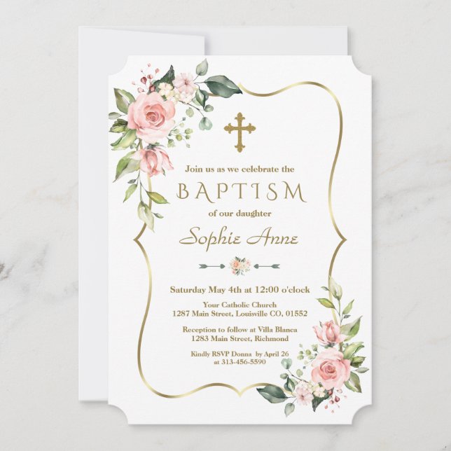 Invitation Moderne rose Fleurs Rouges Or Cadre Baptême (Devant)