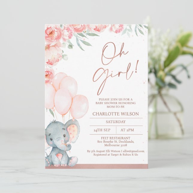 Invitation Moderne rose Floral Oh Girl Elephant Baby shower (Debout devant)