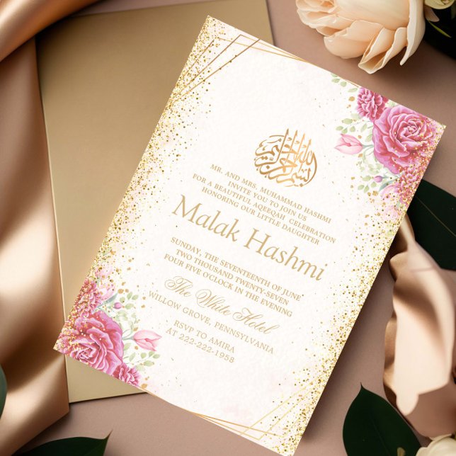 Invitation Moderne rose floral or islamique Aqiqa Aqeeqa Baby (Créateur téléchargé)