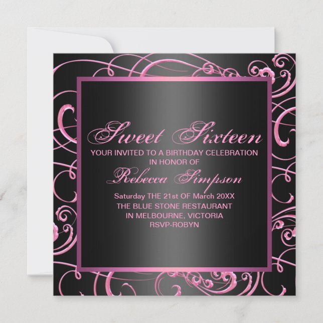 Invitation moderne rose/noir brun doux 16e anniver (Devant)