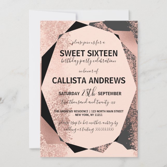 Invitation Moderne Rose or Noir Blush Géométrique Sweet 16 (Devant)