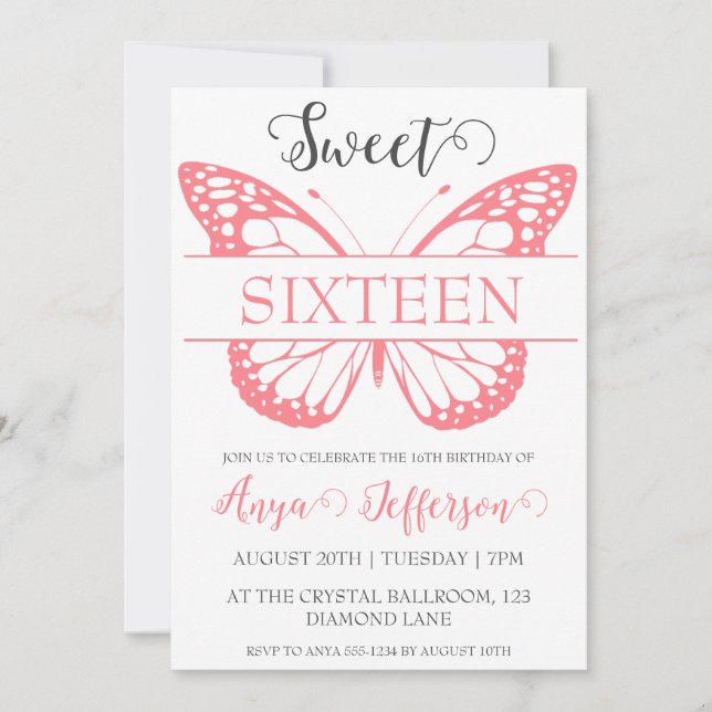 invitation moderne rose pâle rose doux 16 annivers (Devant)