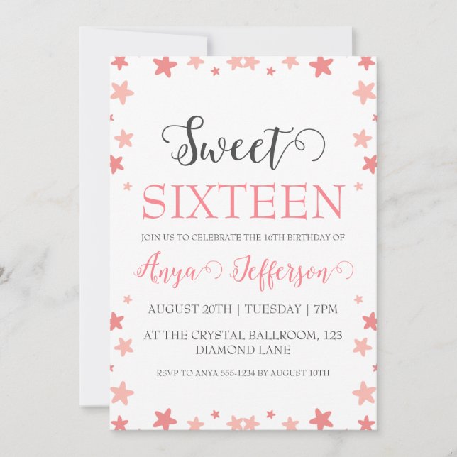 invitation moderne rose pâle rose doux 16 annivers (Devant)