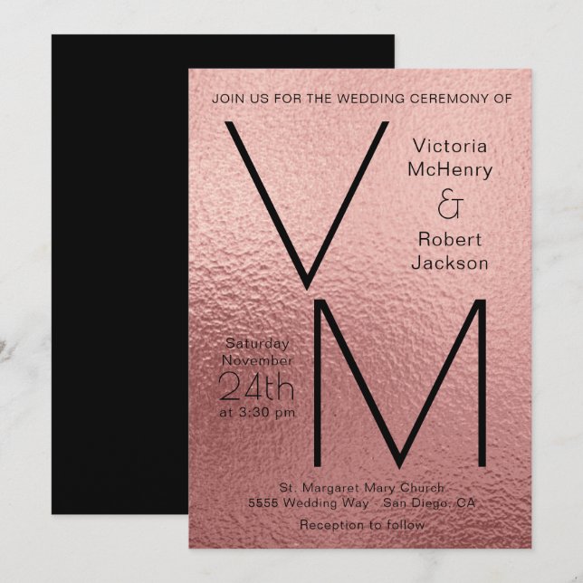 Invitation Moderne Rose simple Gold Faux Foil Initiales Maria (Devant / Derrière)