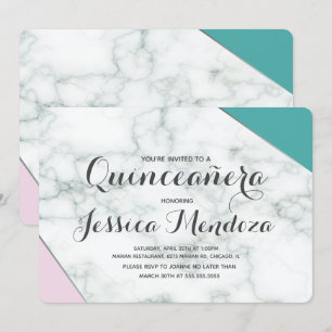 Invitation Moderne Rose Turquoise Marbre Quinceañera Douce 15