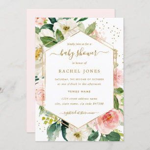 Invitation Moderne rougissent le baby shower floral d'or