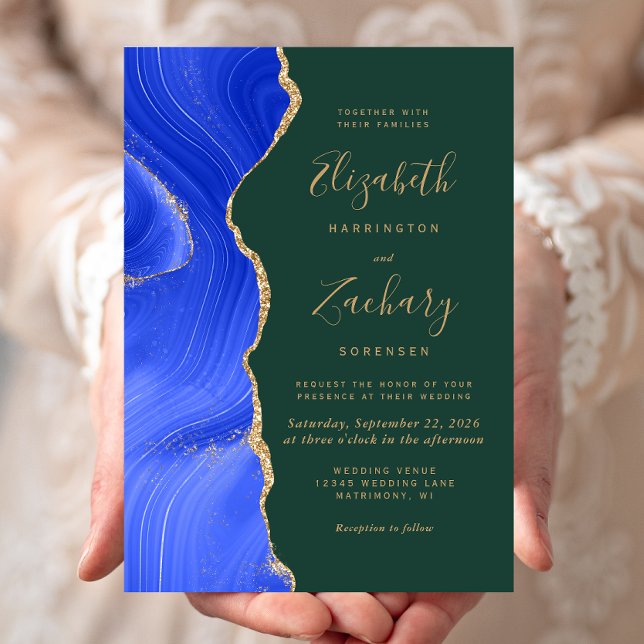 Invitation Moderne Royal Blue Gold Agate Emerald Green Mariag (Créateur téléchargé)