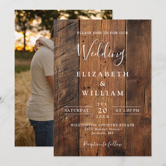 Invitation Moderne Rustic Grange Mariage photo en bois (Devant / Derrière)