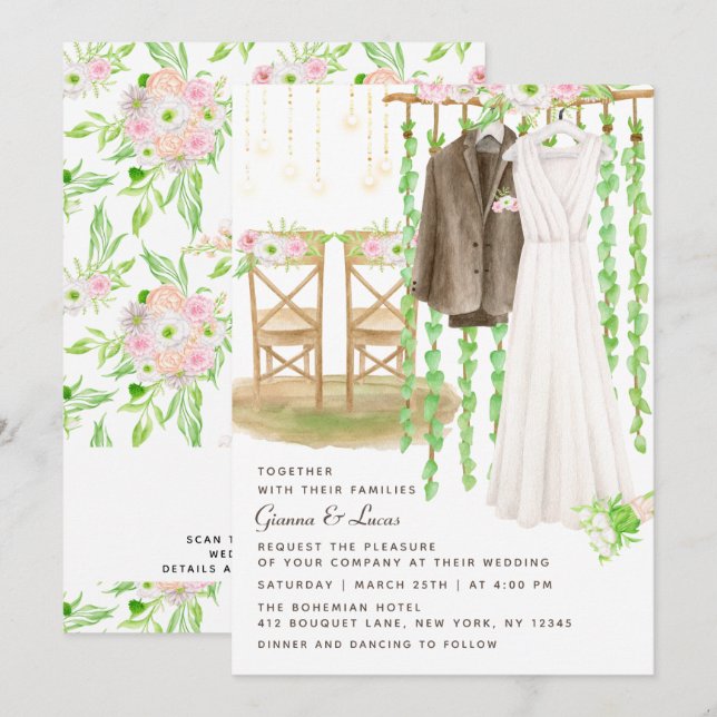 Invitation Moderne Rustique Aquarelle extérieure Mariage Flor (Devant / Derrière)