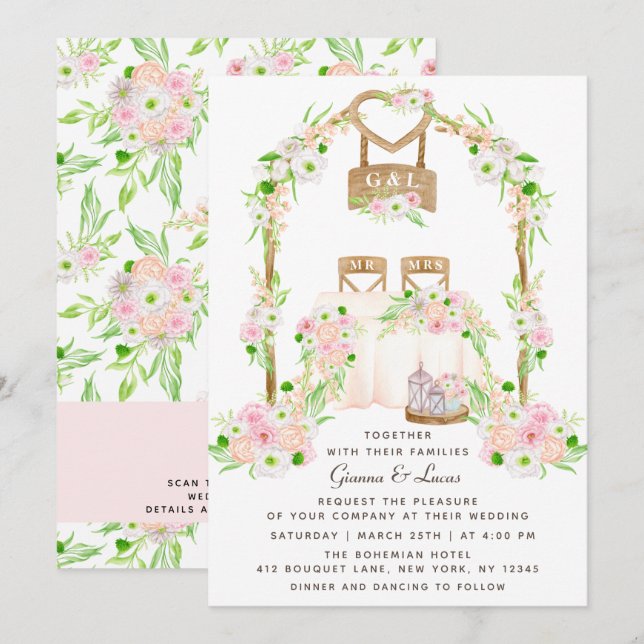 Invitation Moderne Rustique Aquarelle extérieure Mariage Flor (Devant / Derrière)