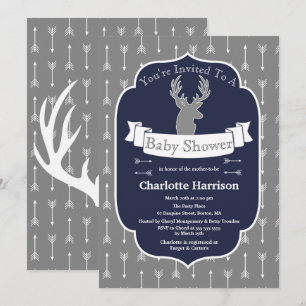 Invitation Moderne Rustique Gris & Baby shower de cerfs et fl
