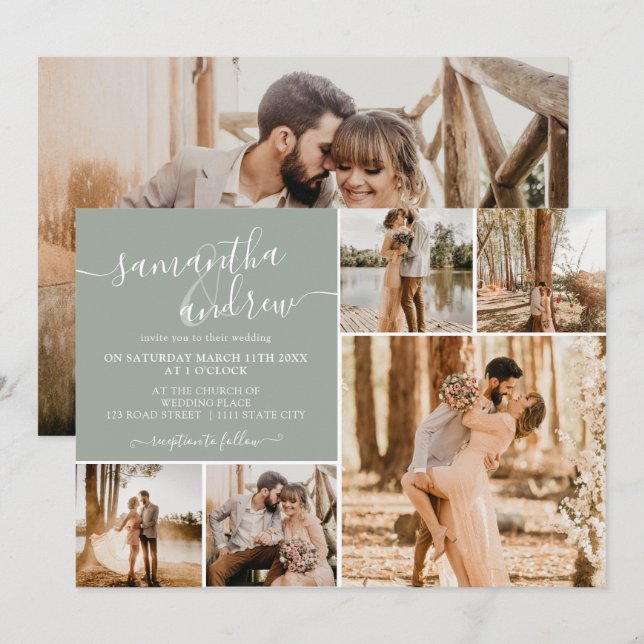 Invitation Moderne sauge vert script 6 photos mariage (Devant / Derrière)