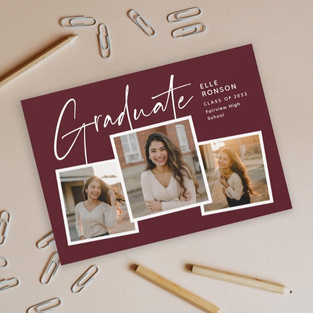 Invitation Moderne Script Graduate Photo Collage Graduation (Modern Script Graduate Maroon Photo Collage Graduation Invitation.)