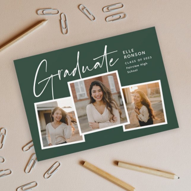 Invitation Moderne Script Graduate Photo Collage Graduation (Modern Script Graduate Green Photo Collage Graduation Invitation.)
