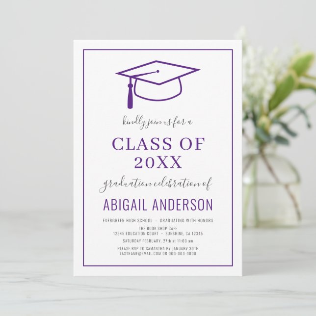 Invitation Moderne Simple 2023 Graduation Photo violet (Debout devant)