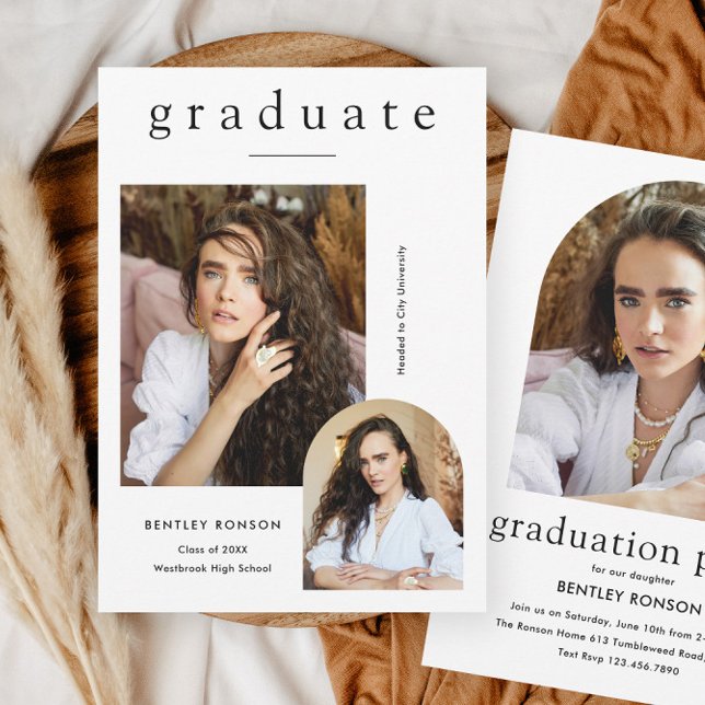 Invitation Moderne Simple 3 Photo Graduation (Modern minimal 3 photo graduation invitations with arch photos.)