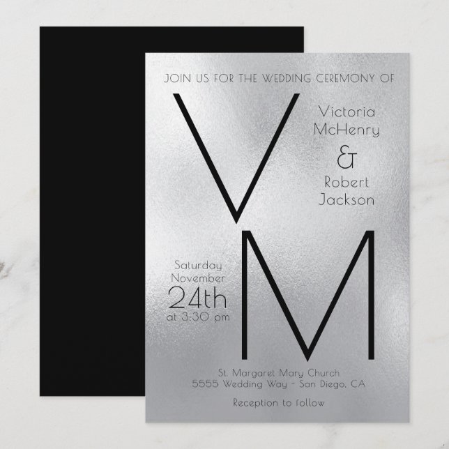 Invitation Moderne Simple Argent Faux Foil Initiales Mariage (Devant / Derrière)