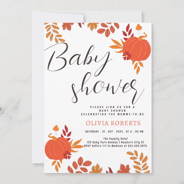 Invitation moderne simple automne Citrouille Baby shower feui (Devant)