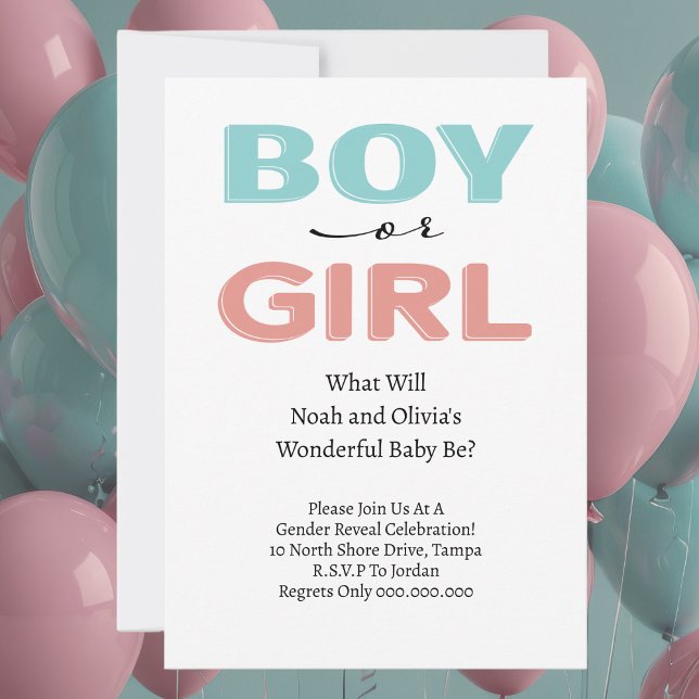 Invitation Moderne Simple Bleu Rose Garçon Fille Genre Révéla (Boy or Girl Gender Reveal Party Celebration Invitations. Simple and modern with parents names,)