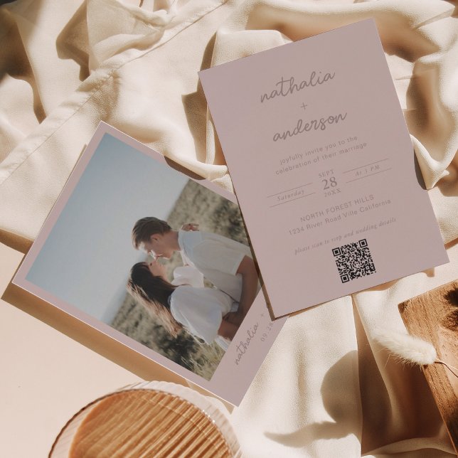 Invitation Moderne Simple Blush Script Photo QR Code Mariage (Créateur téléchargé)