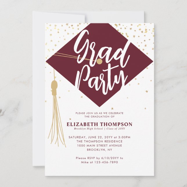 Invitation Moderne Simple Bourgogne Gold GRAD Party (Devant)