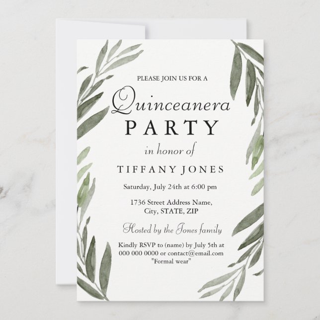 Invitation Moderne Simple Feuille verte Quinceanera Invitatio (Devant)
