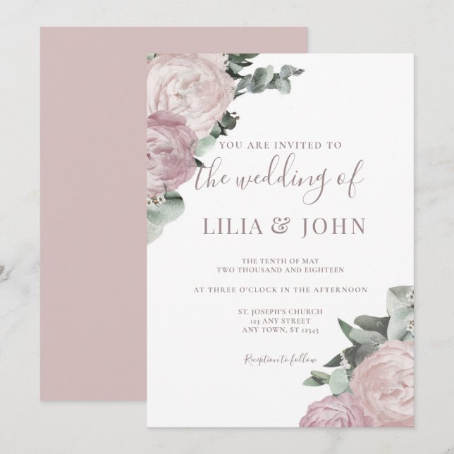 Invitation Moderne simple Floral Blush Dusty Mariage Rose (Devant / Derrière)