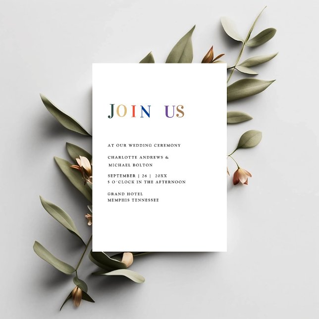 Invitation Moderne, simple, frisch Hochzeit (Minimal, modern, white, wedding invitation card with colorful typography. 
)