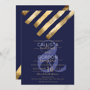 Invitation Moderne Simple Gold Navy Bleu Brushstrokies Mariag