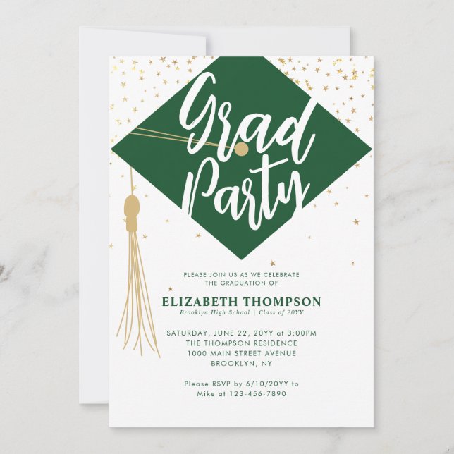 Invitation Moderne Simple Green Gold GRAD Graduation Party (Devant)