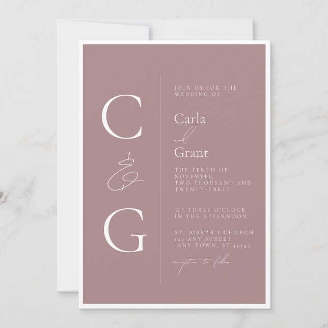 Invitation Moderne Simple Mauve Rose Grand Mariage Monogramme (Devant)
