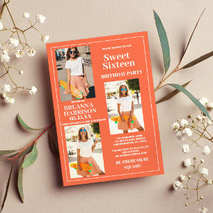 Invitation Moderne Simple Orange Blanc Photo Sweet Sixteen
