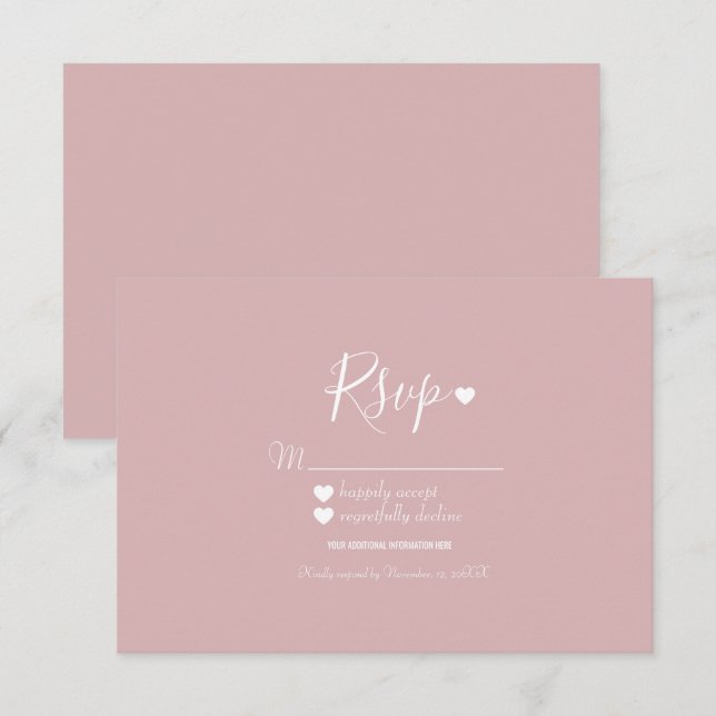 Invitation Moderne simple rose et coeur RSVP (Devant / Derrière)