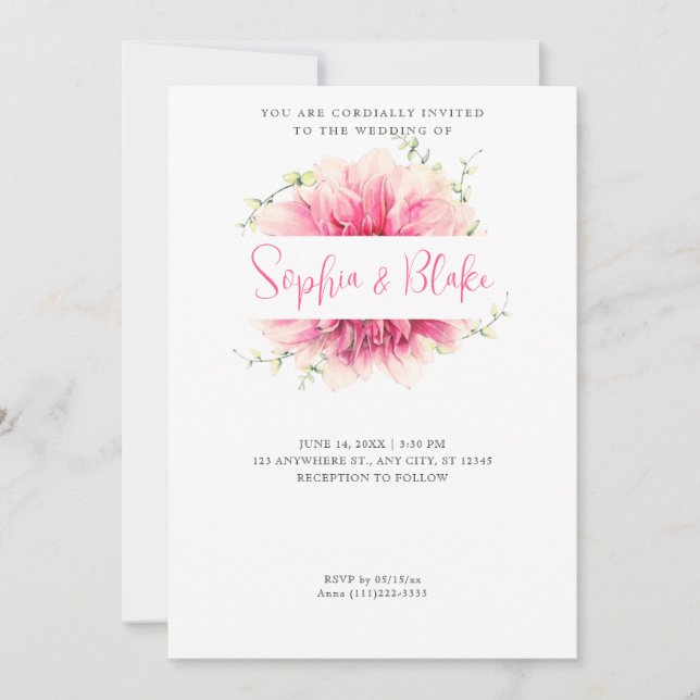 Invitation Moderne simple rose Floral encadré blanc Mariage (Devant)