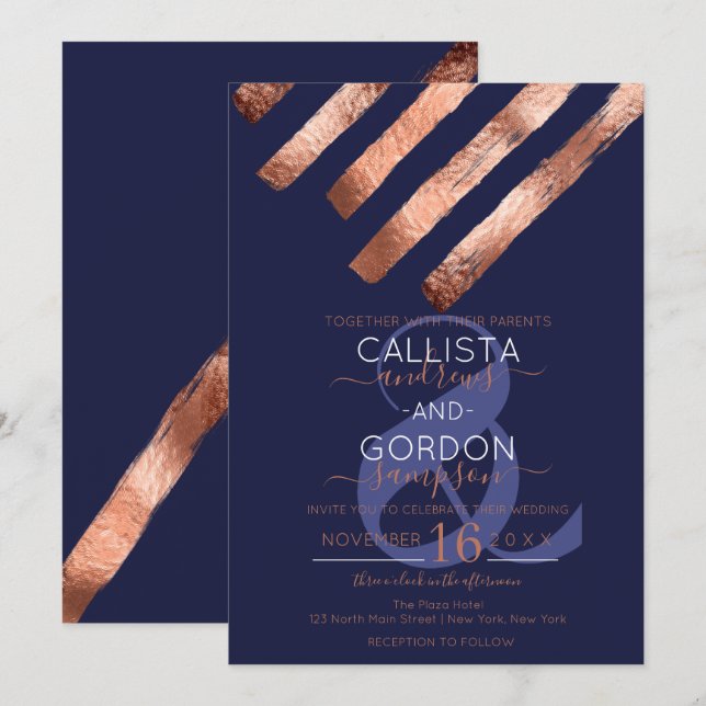 Invitation Moderne Simple Rose Gold Navy Brushstrokies Mariag (Devant / Derrière)