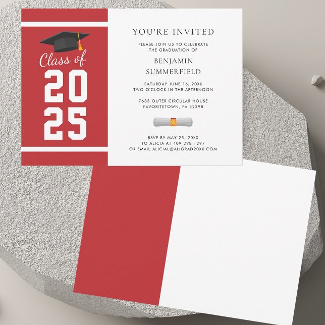 Invitation Moderne Simple Rouge Blanc Graduation 2025 (Modern Simple Red White Graduation 2025 Invitation)